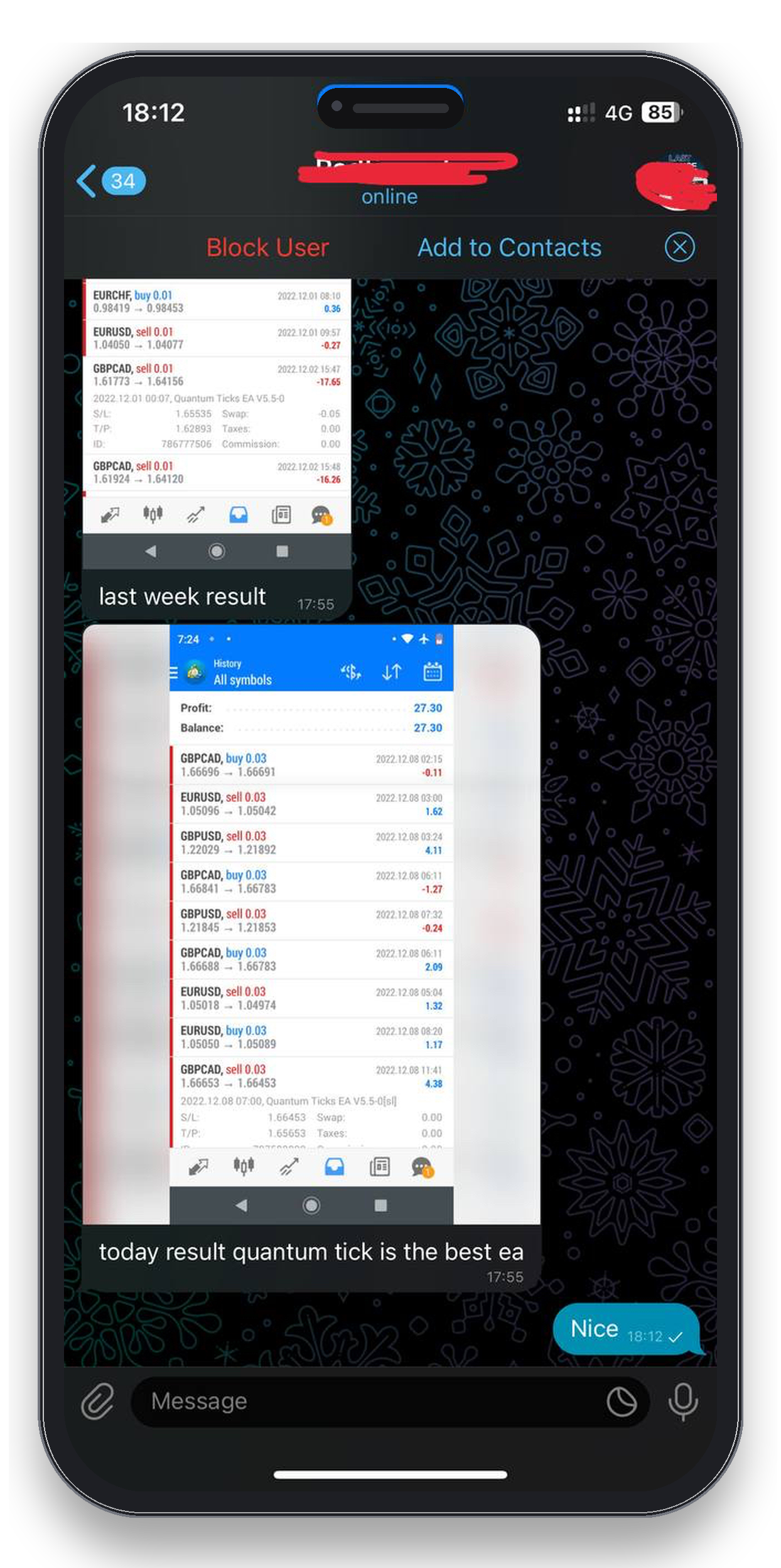 Client review 8 — verified trading result from Telegram community