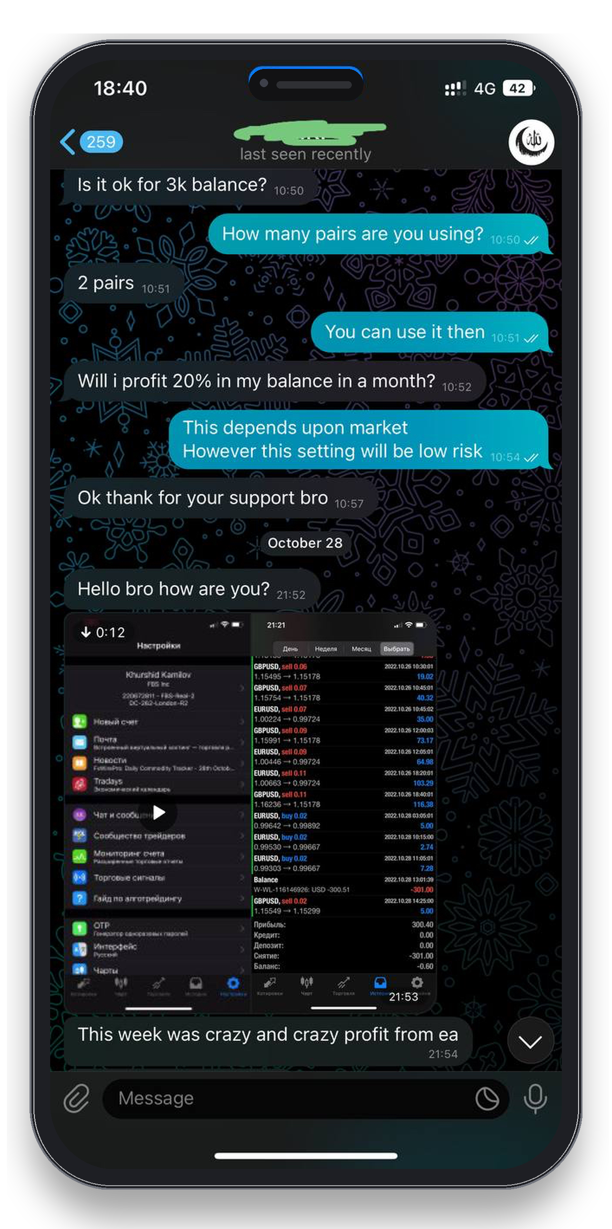 Client review 14 — verified trading result from Telegram community